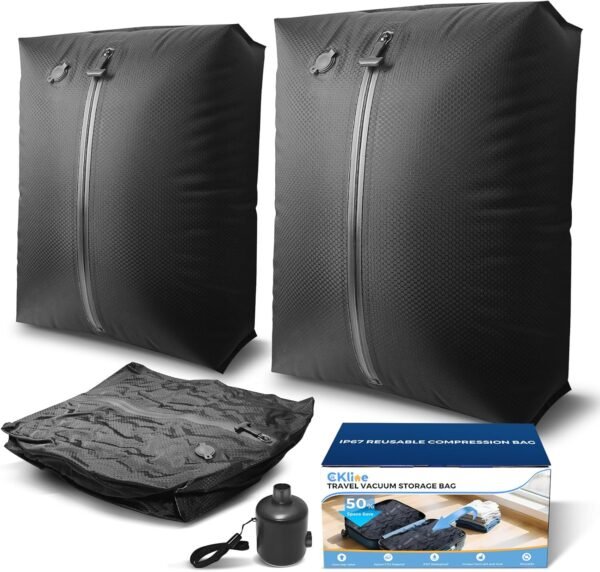 Travel Vacuum Bags for Luggage with Electric Pump, IP67 Reusable Vacuum Compression Bags for Travel, Backpack & Suitcases,Vacuum Seal Packing Cubes for Clothing (2PC-PUMP)