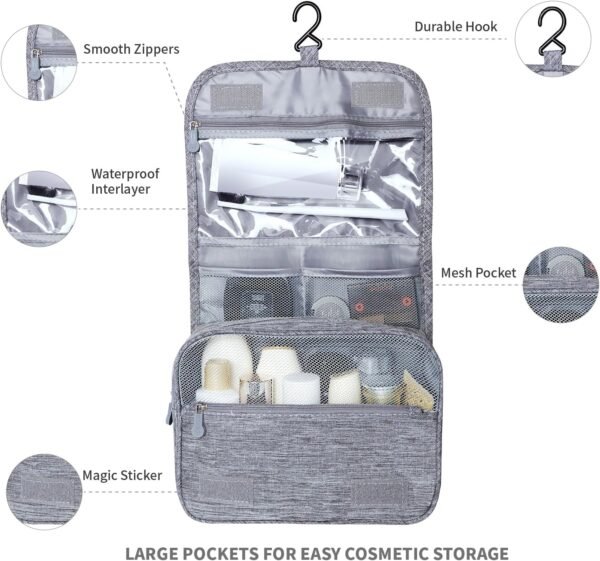 81qwWaV0cTL._AC_SL1500_.jpg Large Capacity Toiletry Bag Travel Bag with Hanging Hook for Men and Women Waterproof Travel Cosmetic Bag Bathroom Storage Bag for Brushes Set,Full-Sized Shampoo,Toiletries,Accessories-Grey