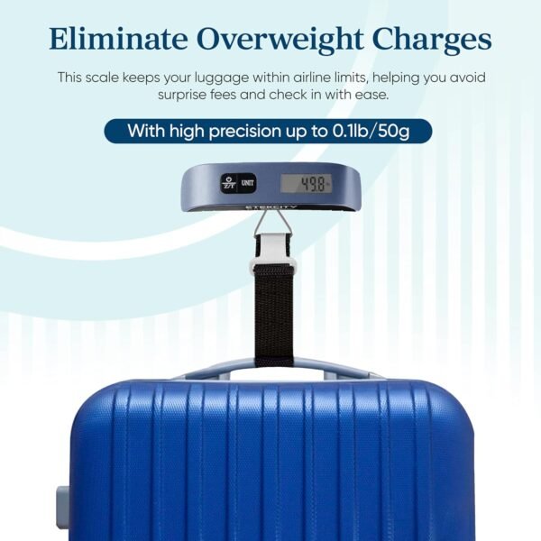 81rAGBD4wcL._SL1500_.jpg Etekcity Luggage Scale, Travel Essentials, Digital Suitcase Weight Scales for Travel Accessories, Hanging Baggage Scale with Temperature Sensor, Rubber Paint, 110 Pounds, Battery Included, Blue