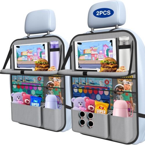 81uGKMrytPL._AC_SL1500_.jpg 2PACK-Car Backseat Organizer with Touch Screen Tablet Holder,9 Storage Pockets Storage Organizer with Foldable Food Tray, Protector Kick Mats for Kids, Travel Accessories Organizer (Grey)