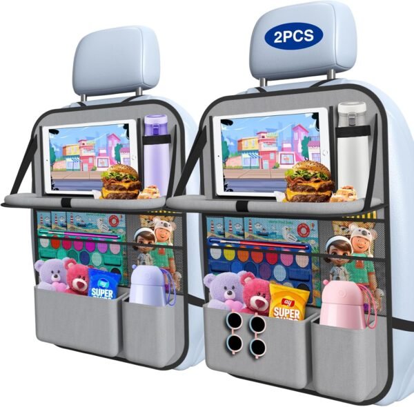 81uGKMrytPL._AC_SL1500_.jpg 2PACK-Car Backseat Organizer with Touch Screen Tablet Holder,9 Storage Pockets Storage Organizer with Foldable Food Tray, Protector Kick Mats for Kids, Travel Accessories Organizer (Grey)