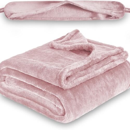 81vO0qbkuKL._AC_SL1500_.jpg 2 in 1 Travel Blanket, Soft Warm Blanket with Cozy Neck Pillow Case, Portable Blanket Set for Airplane, Camping, Car (Dusty Pink)