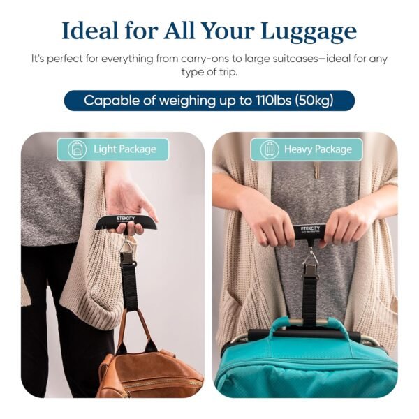 81wFh-tKPL._SL1500_.jpg Etekcity Luggage Scale, Travel Essentials, Digital Suitcase Weight Scales for Travel Accessories, Hanging Baggage Scale with Temperature Sensor, Rubber Paint, 110 Pounds, Battery Included, Blue