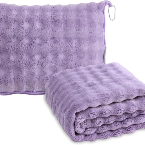 9177tlzqsL._AC_SL1500_.jpg SOCHOW Travel Blanket for Airplane Train and Car, Soft Travel Blanket or Pillow 2 in 1 Compact with Portable Bag Pillowcase, Flight Blanket with Luggage Sleeve and Backpack Clip, Dusty Purple