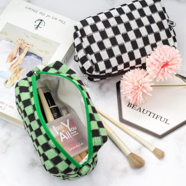 91kuDKVJcfL._AC_SL1500_.jpg PAZIMIIK Checkered Makeup Bag for Purse Portable Zipper Make Up Pouch Small Cosmetic Case for Travel Accessories (Green Black)